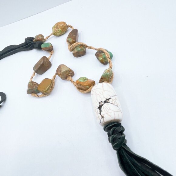 White Pendant Stone Beaded Macrame Necklace With Black Leather Tassel & Adjustab - Picture 2 of 8